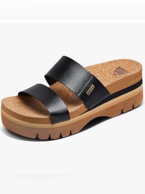New In Box Reef Women's Two-Strap Slide Sandal in Black and Tan